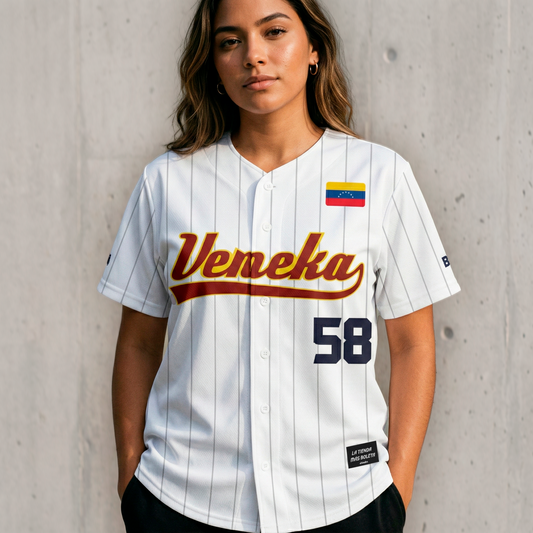 VENEKA +58 La Blanca camiseta venezolana estilo béisbol